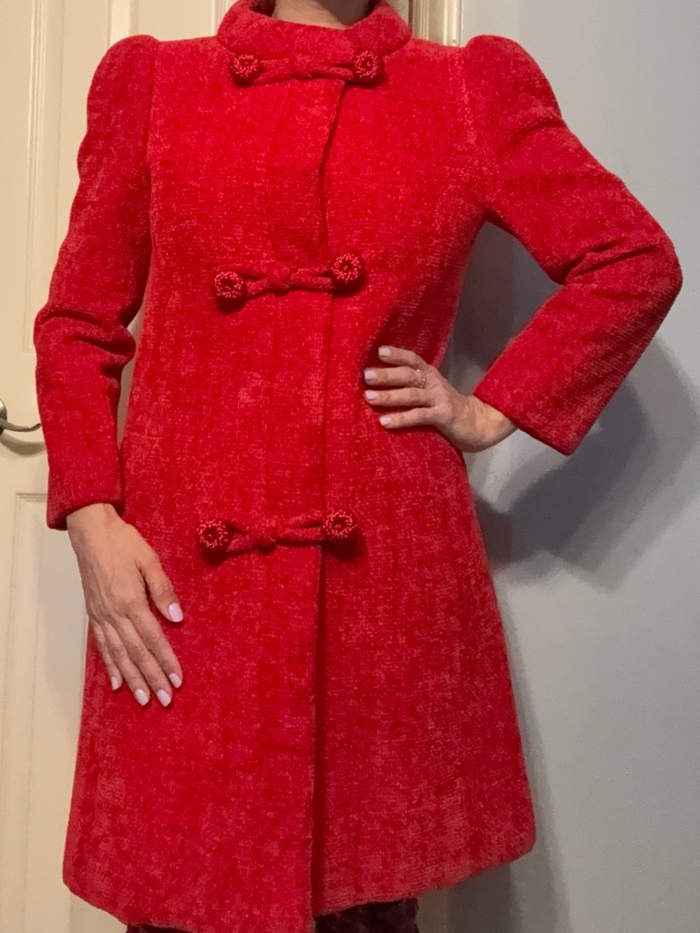 Vintage Bright Red Textured Toggle Coat